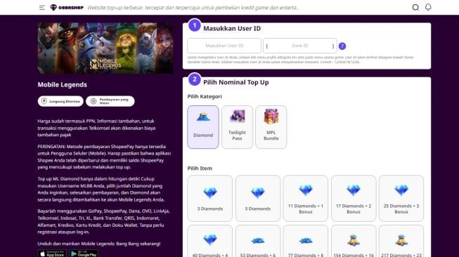 Top Up Mobile Legends Codashop